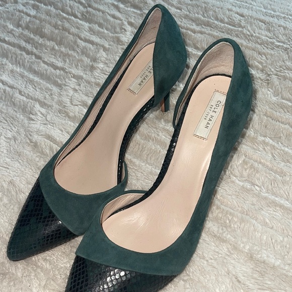 Cole Haan Half D’orsay Pump Green suede and green snake skin women’s size 7 1/2B - Picture 4 of 8